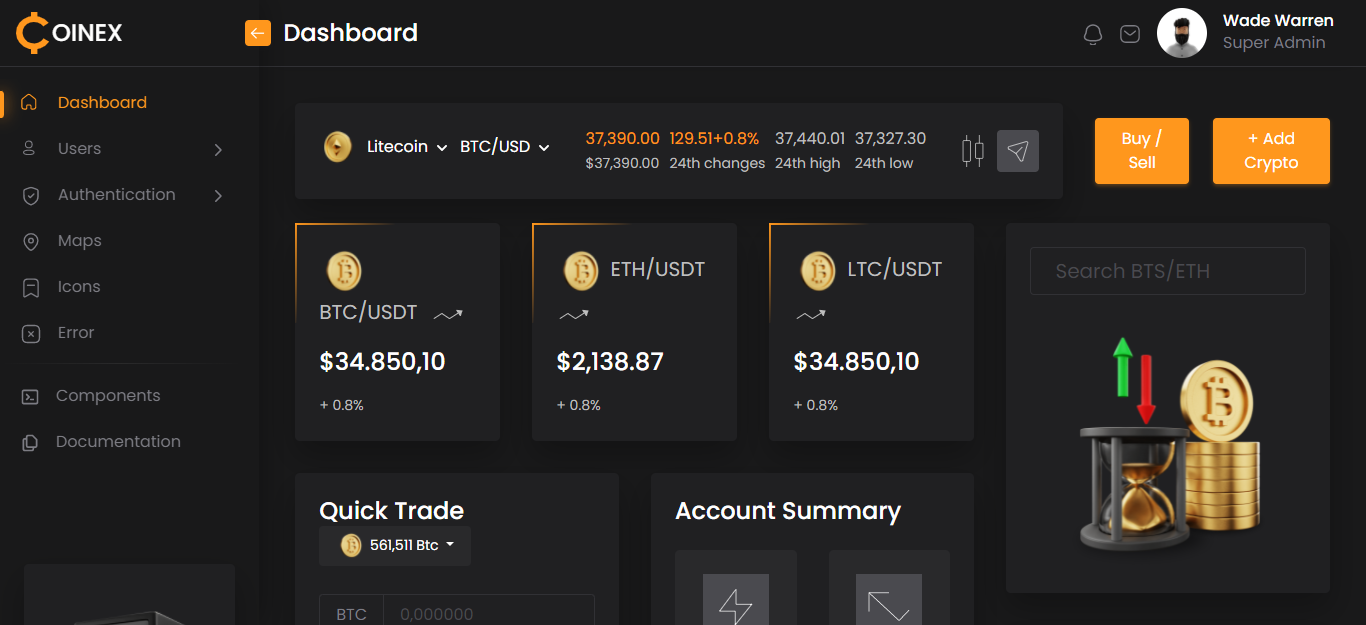 Free Crypto Admin Dashboard | Coinex Lite | Iqonic Design overview of top 4 admin dashboards we built using hope ui Overview Of Top 4 Admin Dashboards We Built Using HOPE UI Home page 3
